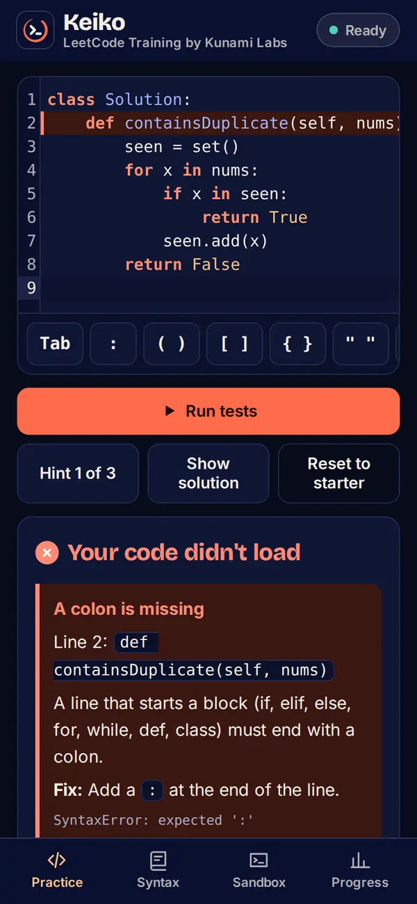Keiko explaining a missing colon in plain English, with the line highlighted in the editor