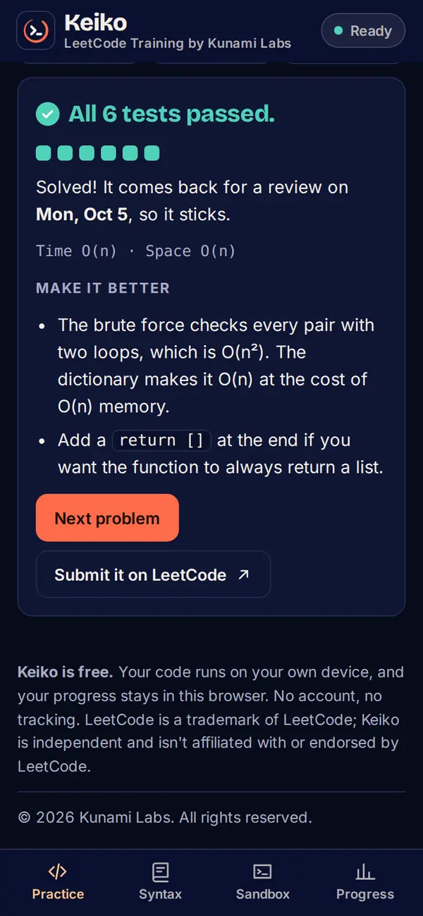 Keiko on a phone: all six tests passed, with tips to make the solution better
